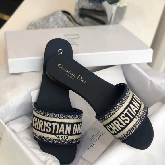 Dior Shoes - DIOR Dway Slide Deep Blue Embroidered Cotton